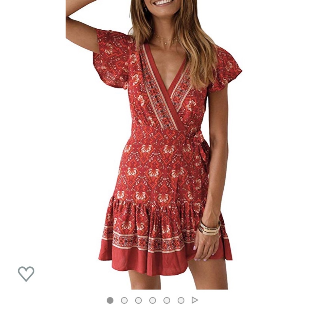 Red boho printed wrap dress